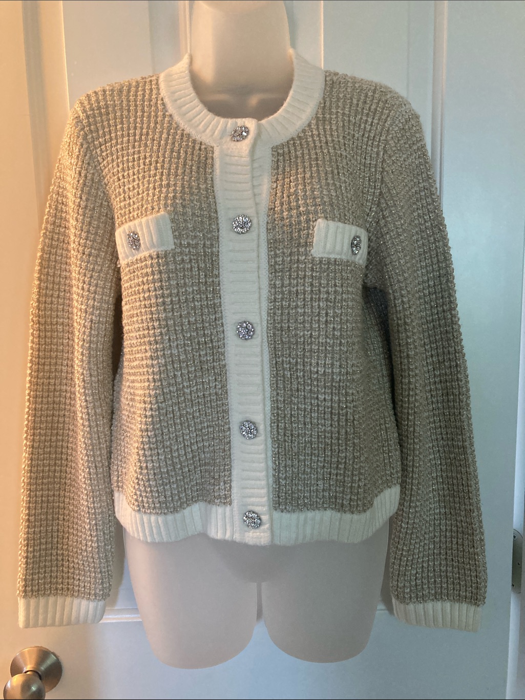 Ann Taylor Beige And Cream Textured Button Cardigan,Size-S, Stretchy — image 8 of 8